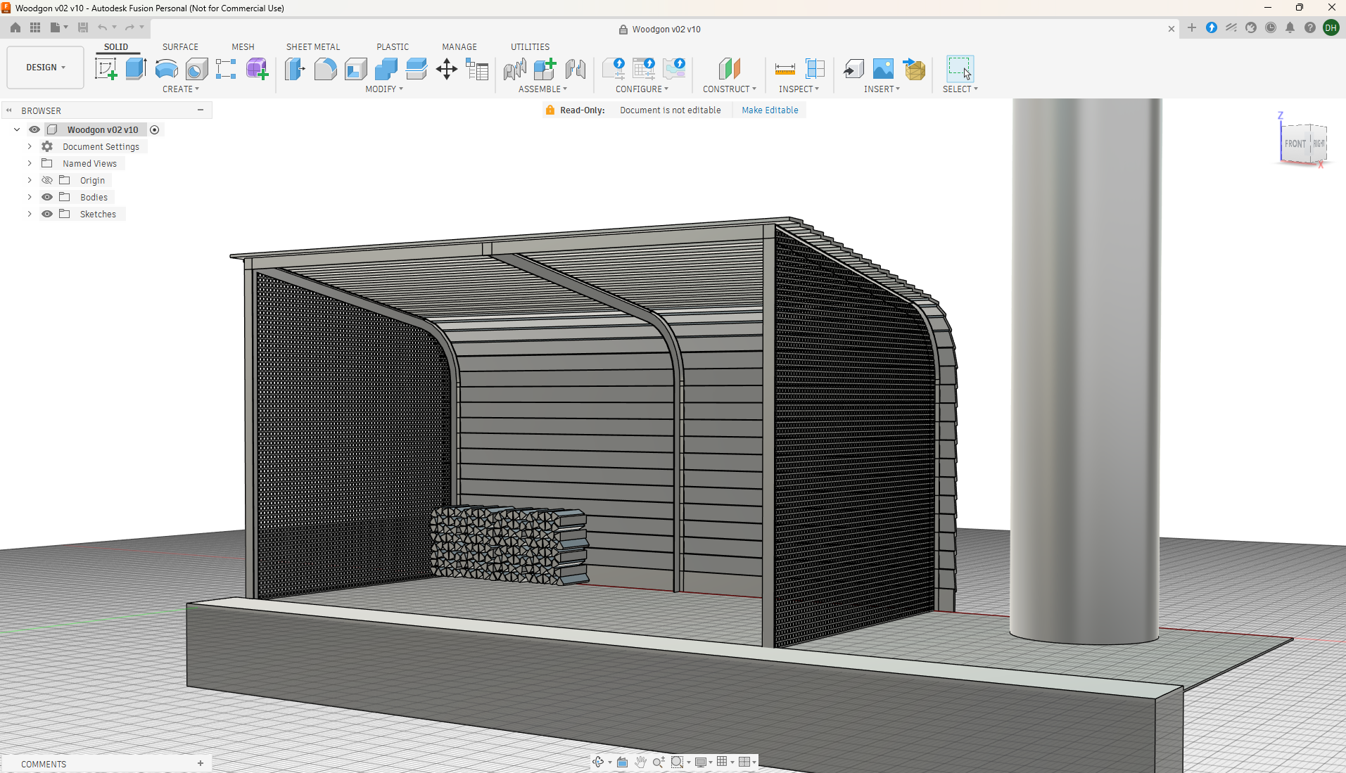 Woodgon — CAD model of the woodshed in Autodesk Fusion