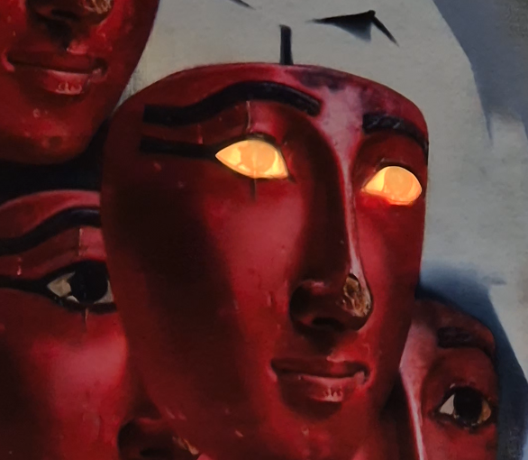 Eyes on the Metronome — red ceramic masks with glowing eyes