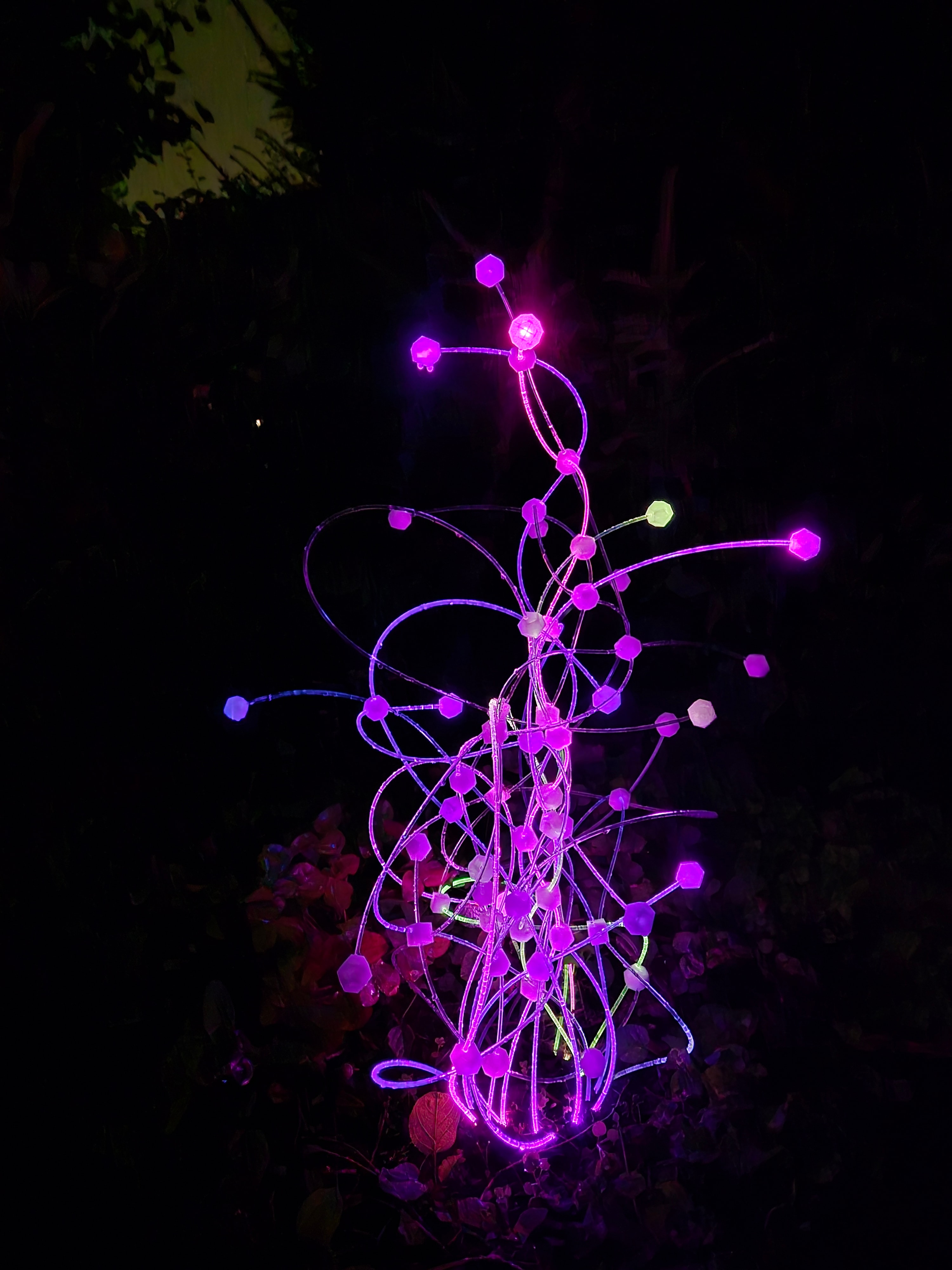 Sculpta — magenta outdoor light sculpture with curved tubes and hexagonal nodes