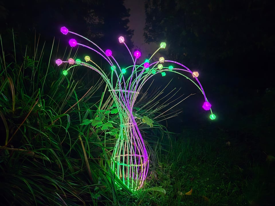 Fiberina outdoor light sculpture like a vase of glowing stems at night