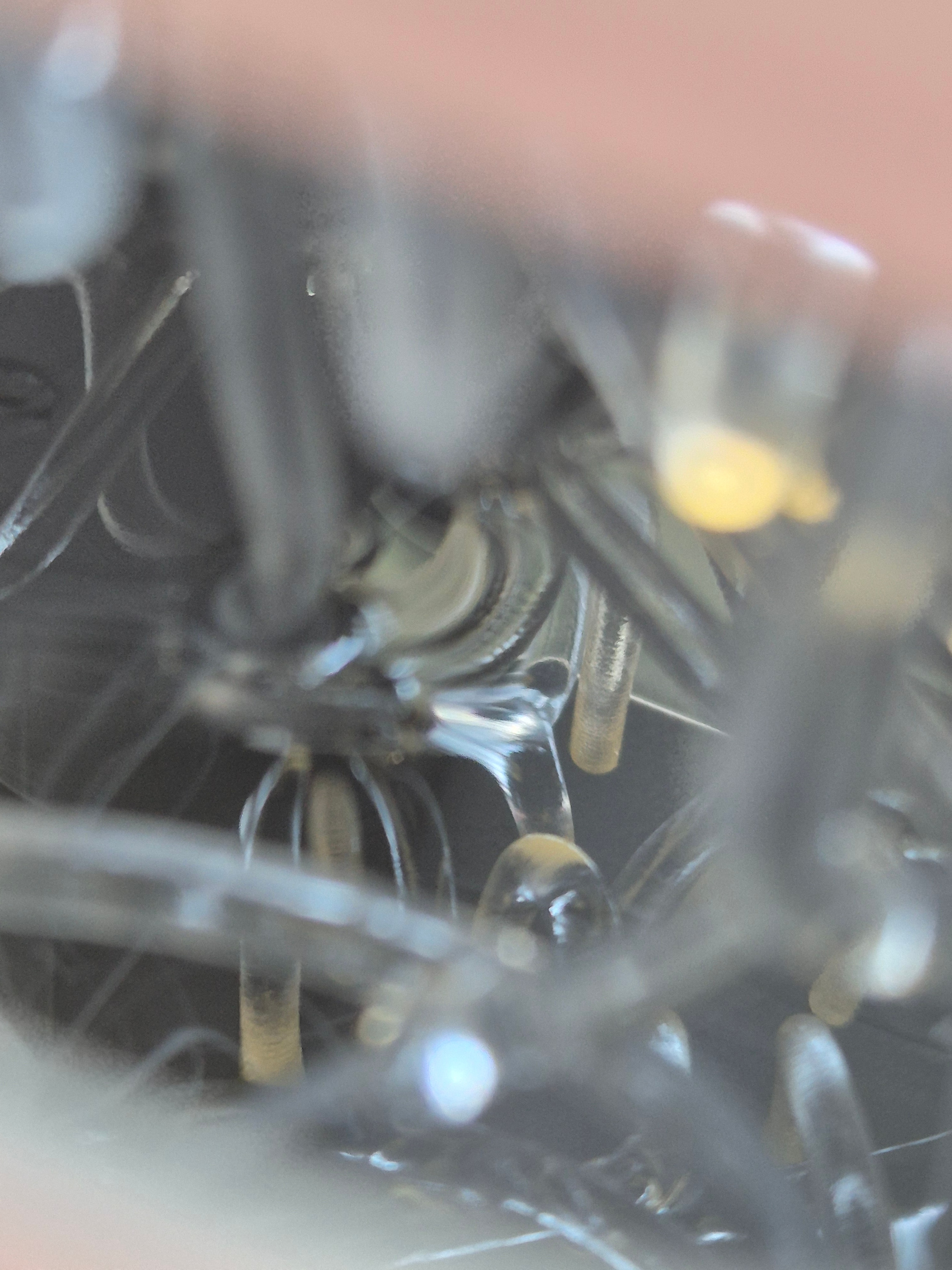 Iskanin — extreme macro of translucent bristles with a liquid droplet
